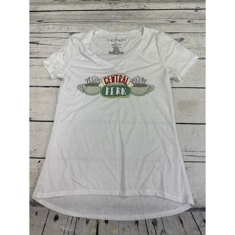 Friends TV Show Central Perk Coffee Cafe V Neck T Shirt White Small Jerry Leigh
